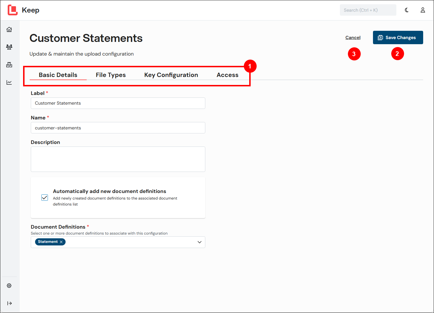 A number-annotated screenshot of the editing experience for a search configuration.